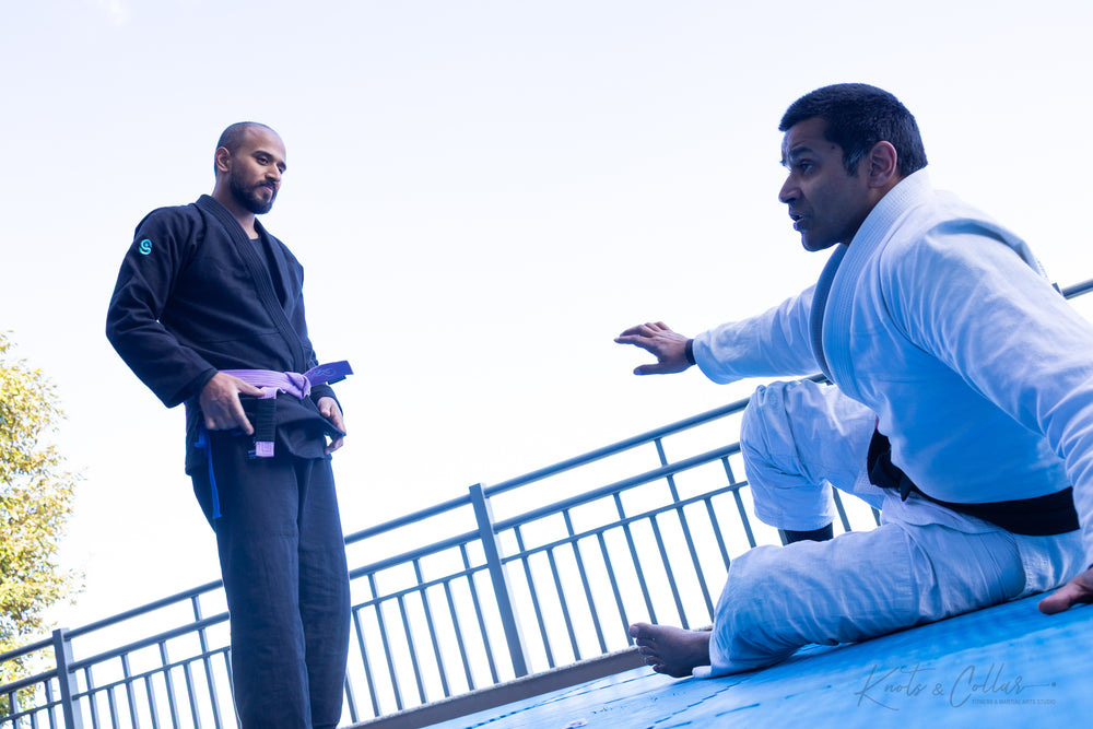 BJJ standing technique drill on the rooftop at KC Manthan retreat