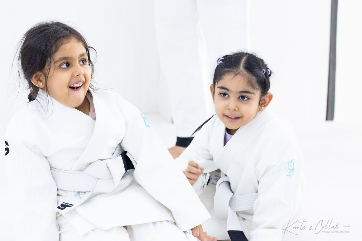 Girls learning BJJ together at Knots and Collar kids class Defence Colony New Delhi
